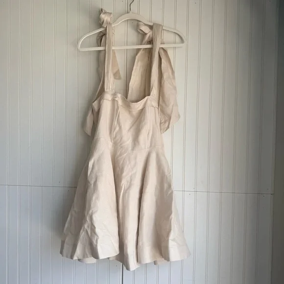 DISSH Size 4 Tan Creasm Aisle Pearl Linen Bow Mini Dress - Picture 5 of 10